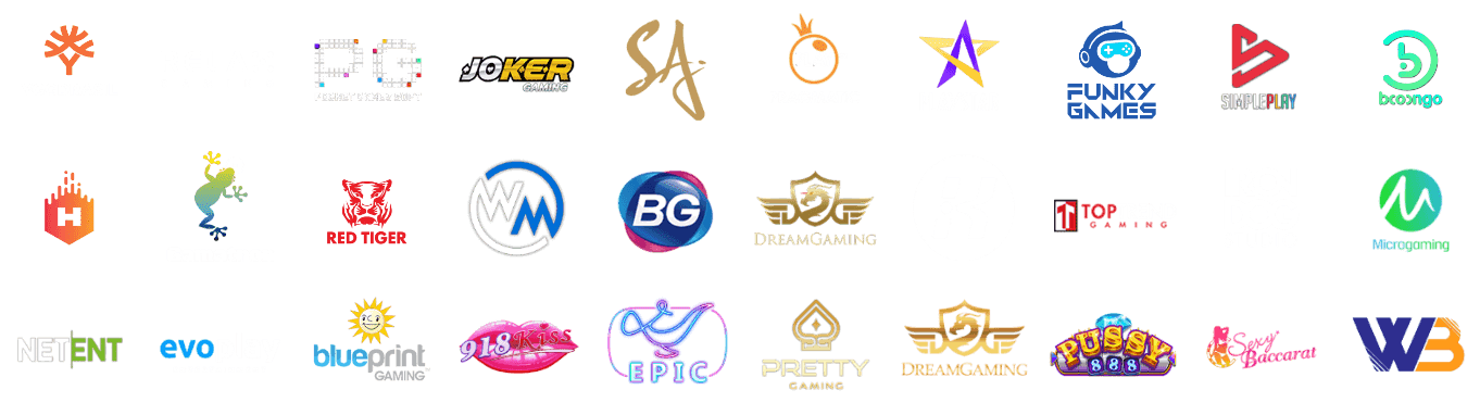 ภาพรวมโลโก้ค่ายเกมสล็อตและคาสิโนของ PANGJAD99 เช่น PG Soft, Pragmatic Play, Joker Gaming, Dream Gaming และค่ายเกมออนไลน์ชั้นนำ